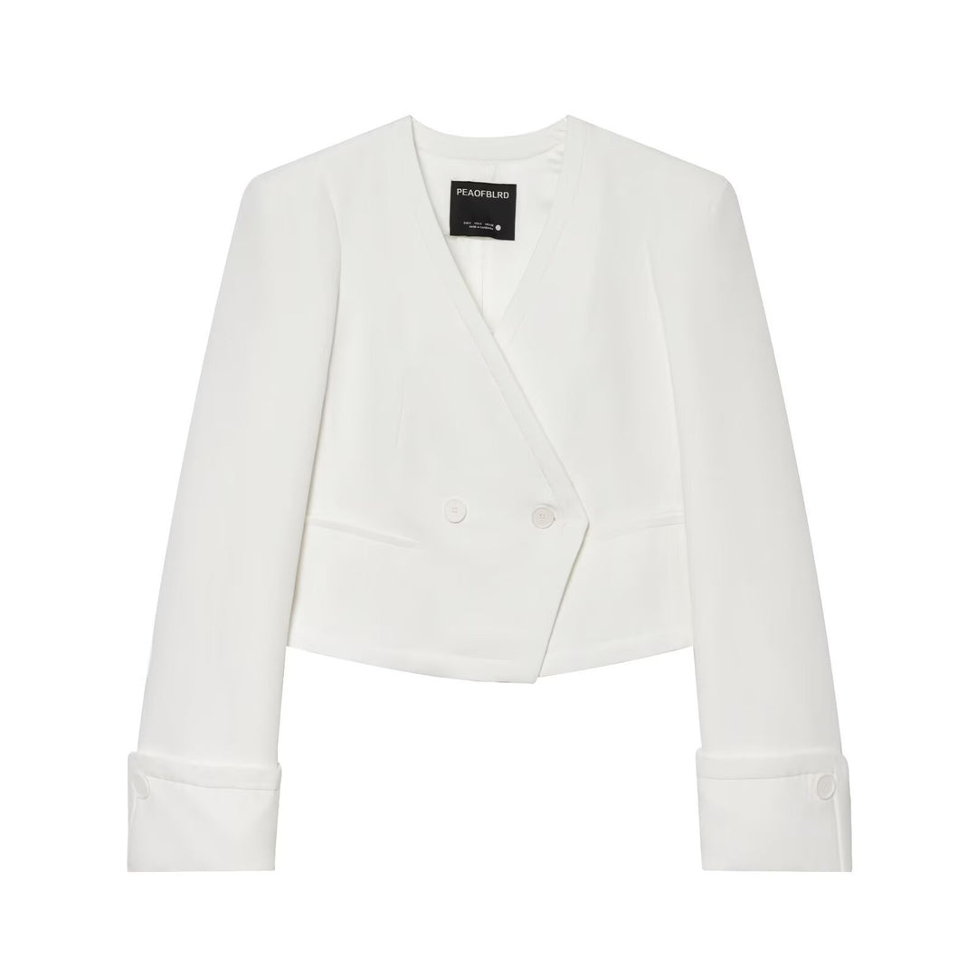Damen gekürzter doppeltreihiger Blazer mit V‑Ausschnitt und Umschlagärmeln Shop Nory