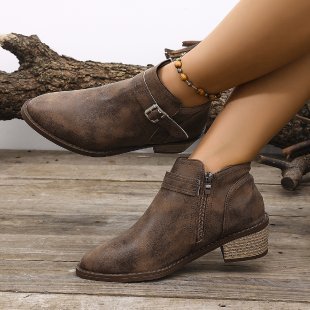 Damen Kurzschaft‑Ankle‑Boots mit seitlichem Reißverschluss, Zier­schnalle und geflochtener Keil‑Optik Shop Nory
