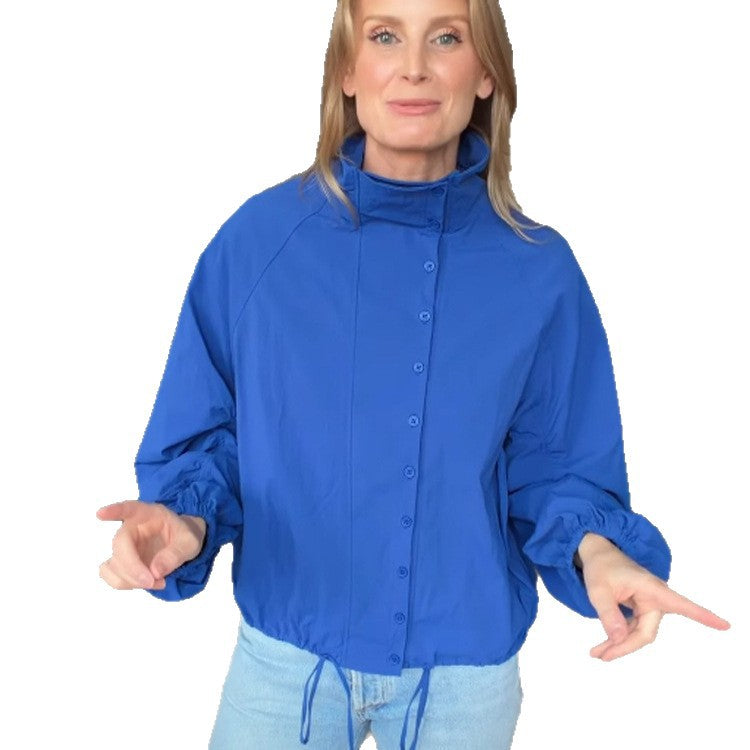 Damen Leichte Windjacke mit Stehkragen, Druckknopfleiste und Tunnelzug Shop Nory