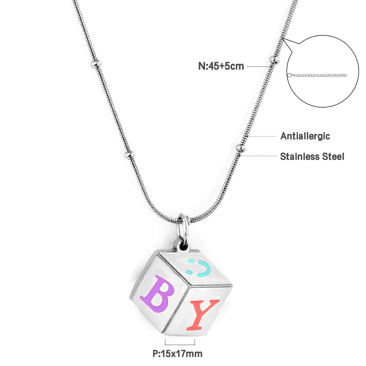 Damen personalisierte Würfel-Halskette aus Edelstahl mit bunten Buchstaben Shop Nory