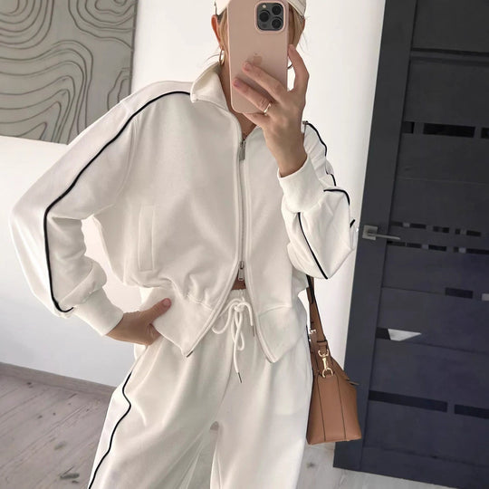 Damen Weiches Baumwoll-Mix Jogging-Set mit Stehkragen, Tunnelzugtaillen und seitlichen Kontraststreifen Shop Nory