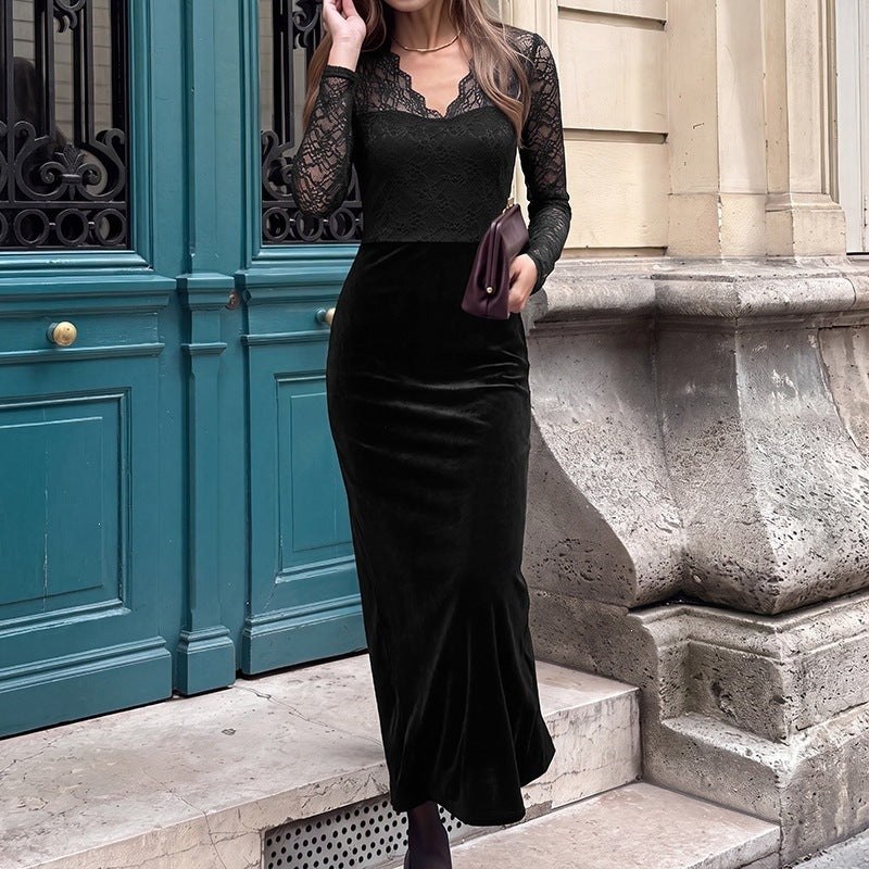 Damen Abendkleid mit transparenten Spitzenärmeln, Samtrock und Illusions‑Herzausschnitt Shop Nory