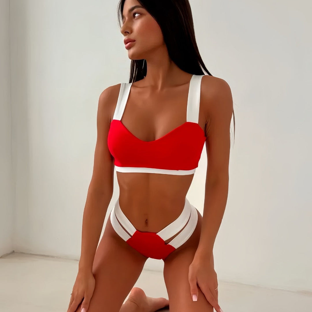 Damen Sportlicher Bikini mit kontrastierenden Farbelementen Shopnory