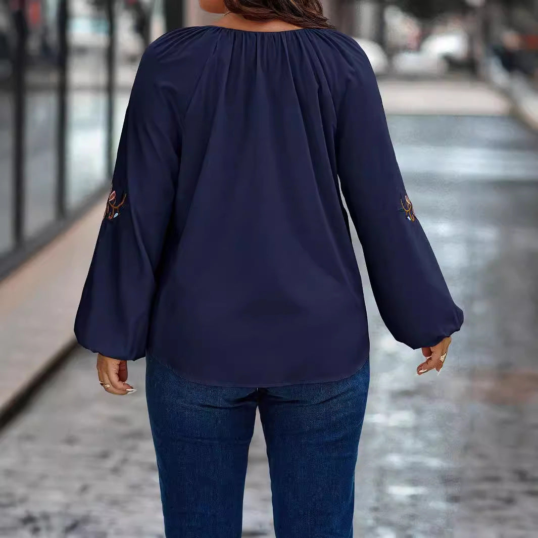 Damen Locker sitzende V-Ausschnitt Bluse mit floraler Stickerei an Ballonärmeln Shop Nory