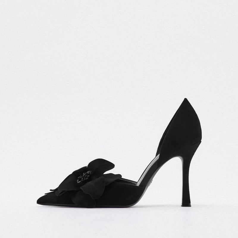 Damen Spitz zulaufende Abend‑D'Orsay‑Pumps mit handgefertigter 3D‑Blütenapplikation und sculpted Stiletto Shop Nory