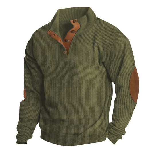 Herren nan gerippter Pullover mit Henley-Kragen und Leder-Ellbogenpatches Shop Nory