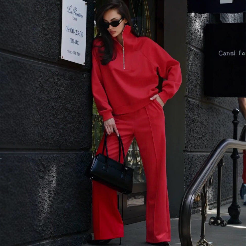 Damen Loungewear-Set mit halbem Reißverschluss und weiter Bügelfalten-Hose Shop Nory