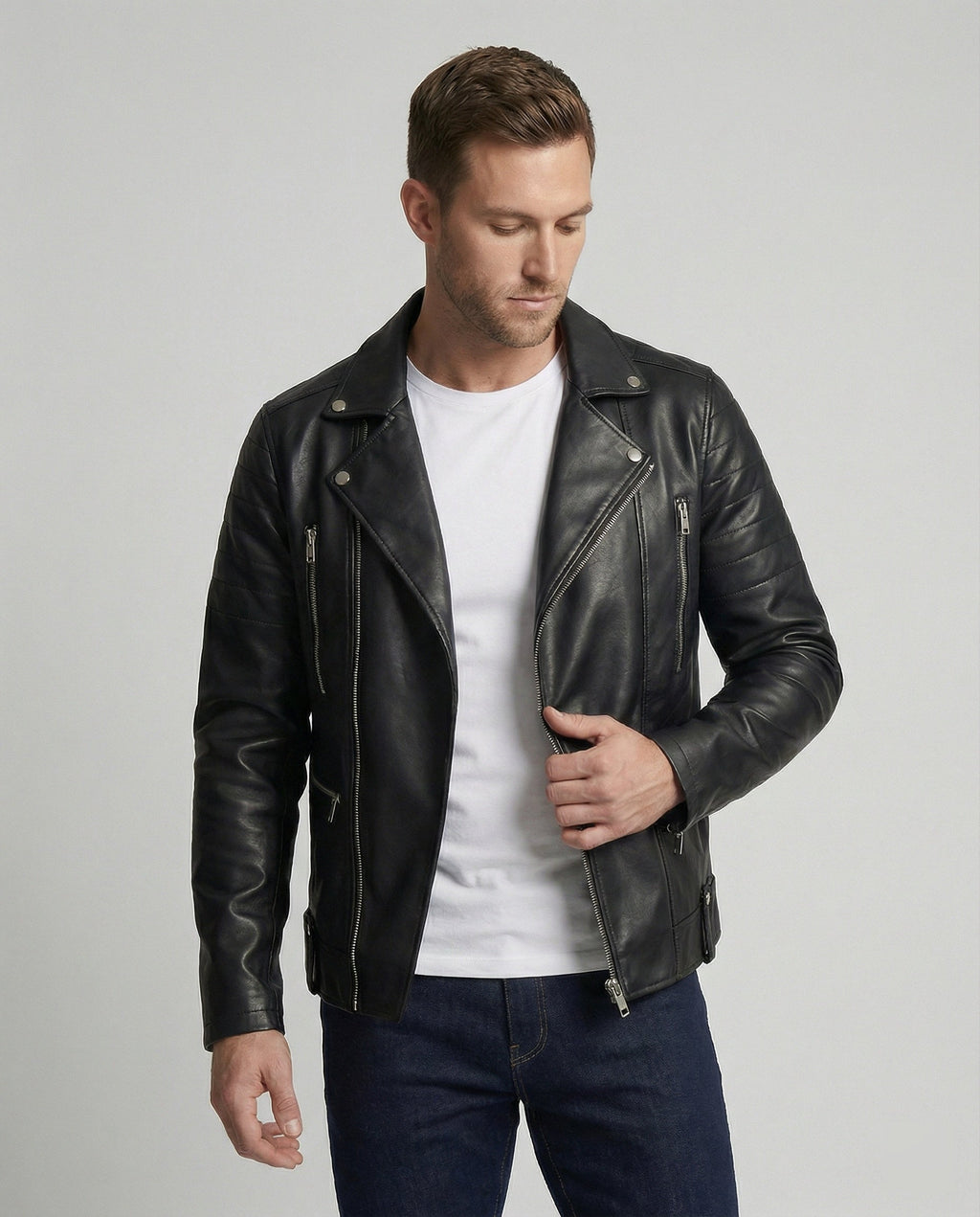 Herren Kunstleder Bikerjacke mit Ziersteppung
