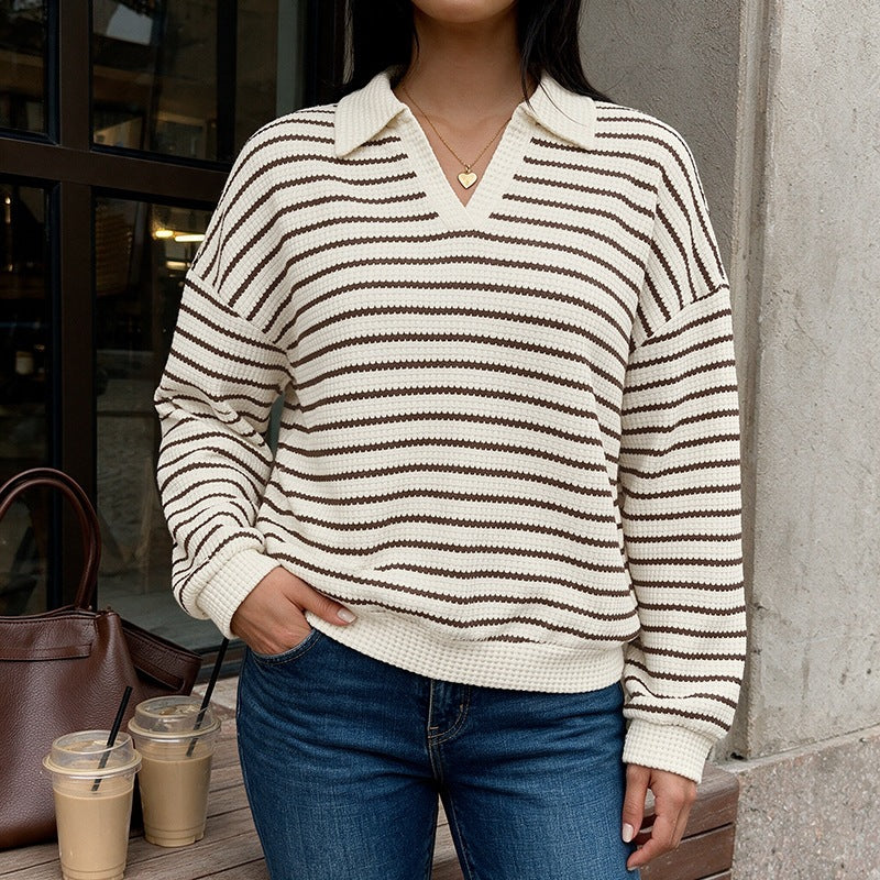 Damen Gestreifter Waffelstrick-Pullover mit Hemdkragen und V-Ausschnitt Shop Nory