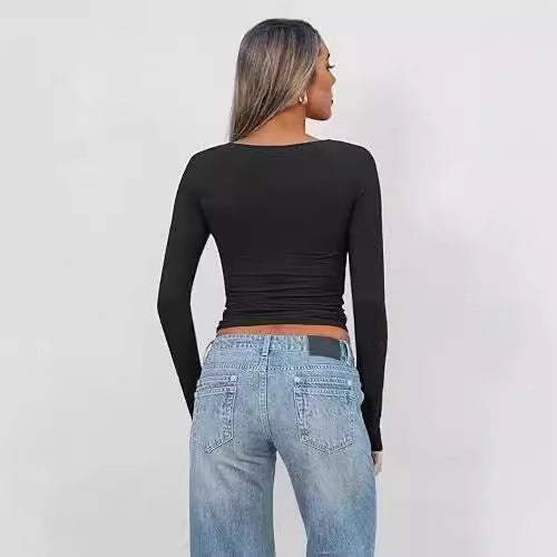 Damen Enganliegendes Langarm-Top mit tiefem V‑Ausschnitt und Twist‑Detail Shop Nory