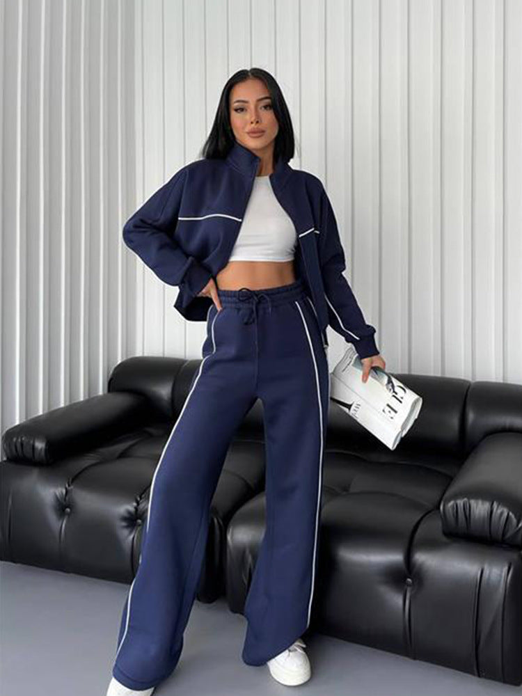 Damen lässiges Sweatset mit Stehkragen Reißverschluss gekürzter Jacke und hochtaillierter Schlaghose Shop Nory