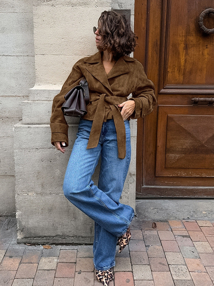Damen Kurzblouson aus Wildleder‑Look mit Bindegürtel und kastiger Silhouette Shop Nory
