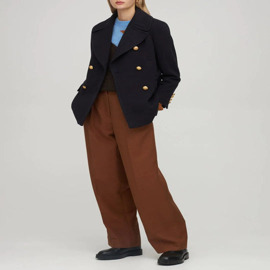 Damen Kurzer Zweireihiger Wollmix-Peacoat mit goldenen Zierrundknöpfen und taillierter Silhouette Shop Nory