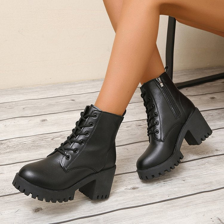 Damen High-Top Stiefeletten mit robustem Blockabsatz und Schnürung