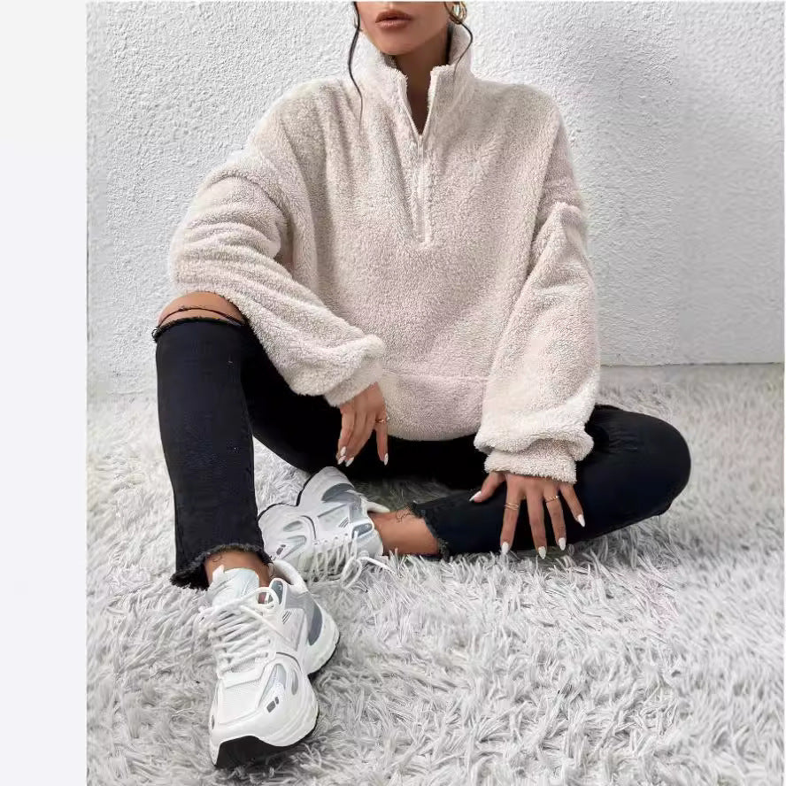 Damen Kuscheliger Fleece-Pullover mit Stehkragen und Eingrifftaschen
