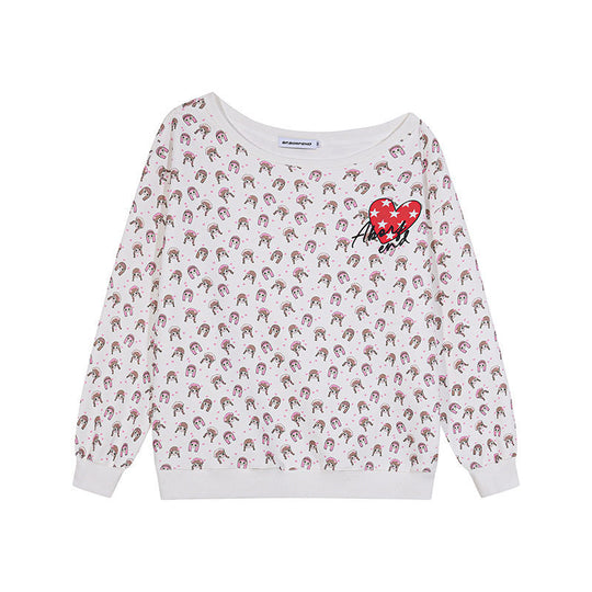 Damen Sweatshirt mit Allover-Cartoonprint, weitem Rundhalsausschnitt und Herz-Patch Shop Nory