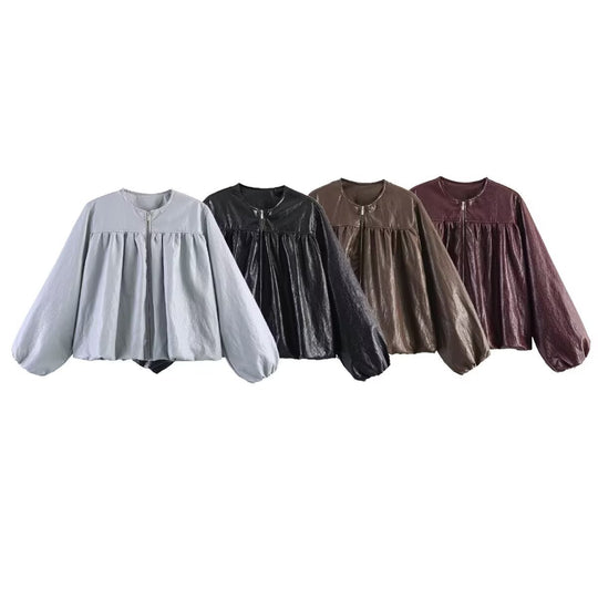 Damen Kurzjacke mit geraffter Passe, Ballonärmeln und Reißverschluss Shop Nory