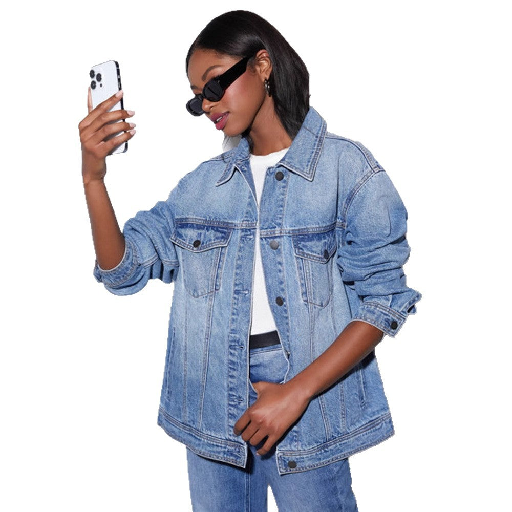 Damen Oversized Denimjacke im lässigen Schnitt mit aufgesetzten Taschen