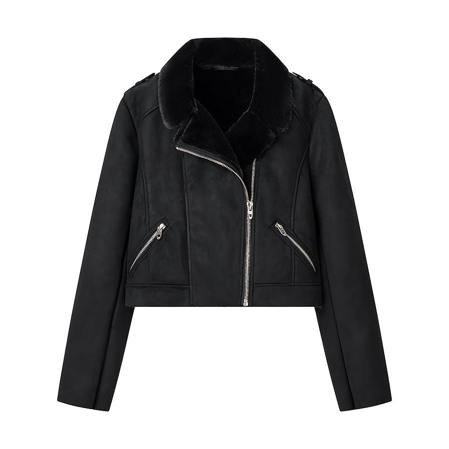 Damen Kurze Bikerjacke mit Kunstfellkragen und Wildlederoptik Shop Nory