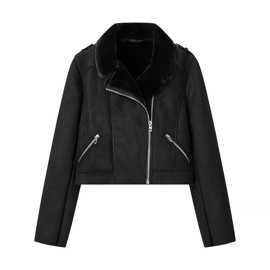Damen Kurze Bikerjacke mit Kunstfellkragen und Wildlederoptik Shop Nory