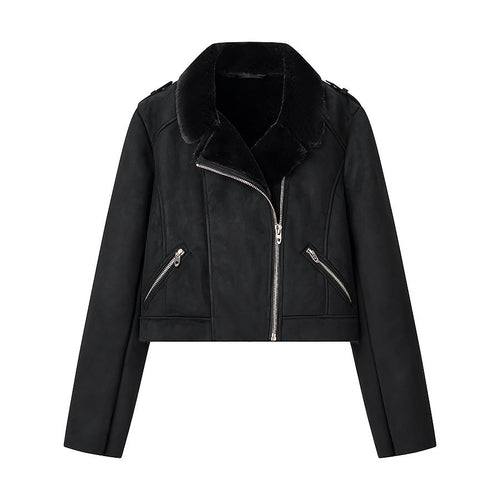 Damen Kurze Bikerjacke mit Kunstfellkragen und Wildlederoptik Shop Nory