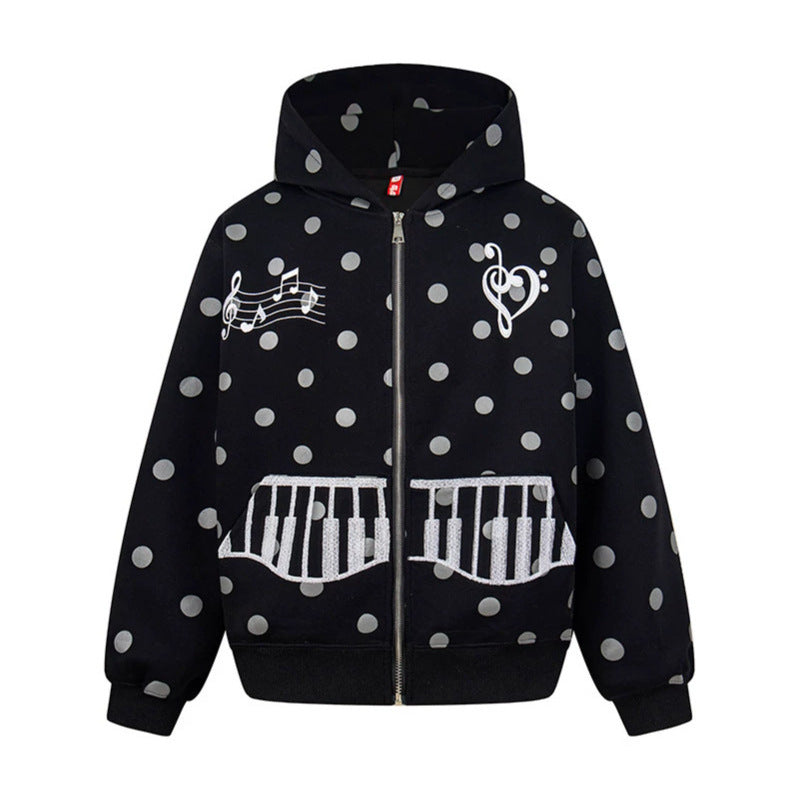 Damen Kapuzen-Sweatjacke im Retro-Punkte-Look mit gestickten Klavier-Taschen und Noten-Emblem Shop Nory