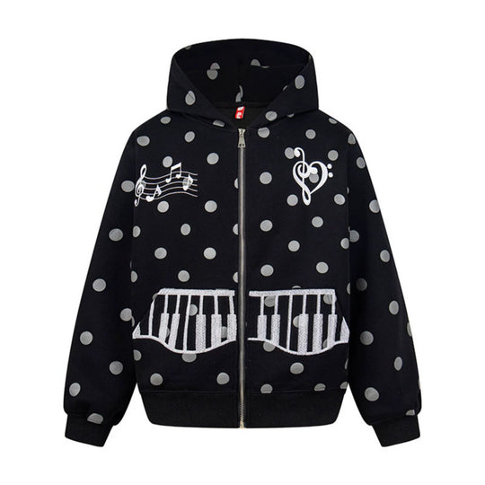 Damen Kapuzen-Sweatjacke im Retro-Punkte-Look mit gestickten Klavier-Taschen und Noten-Emblem Shop Nory
