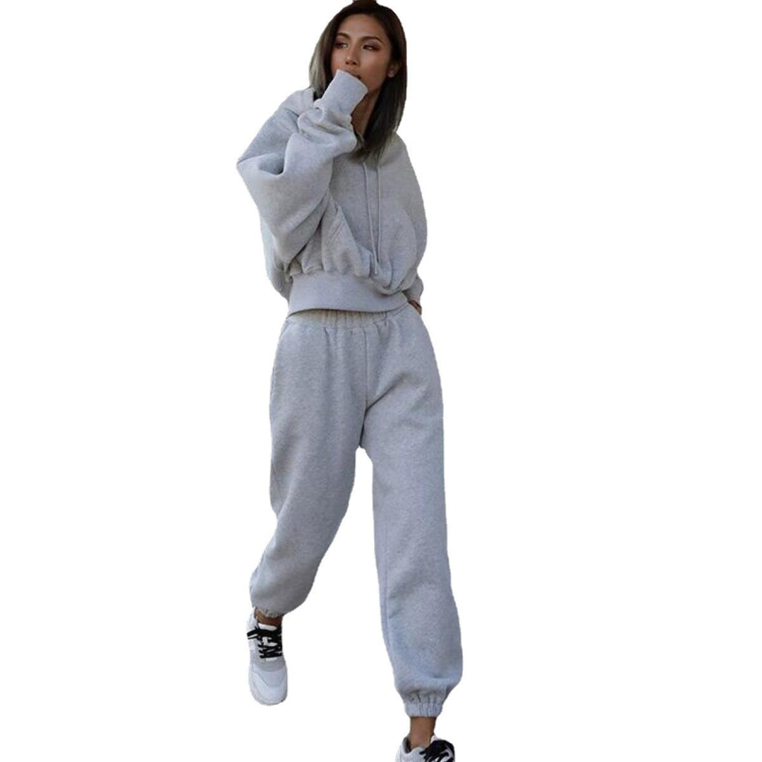 Damen kurzes Oversize-Kapuzenpullover-Set mit elastischer High-Waist-Jogginghose aus Baumwollfleece Shop Nory