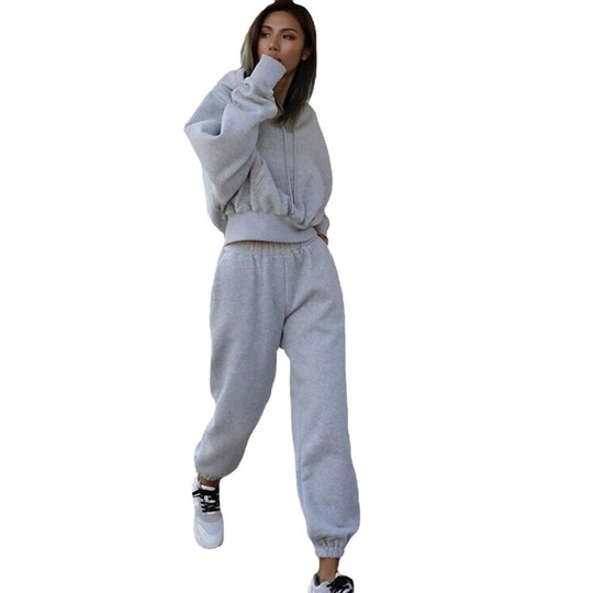 Damen kurzes Oversize-Kapuzenpullover-Set mit elastischer High-Waist-Jogginghose aus Baumwollfleece Shop Nory