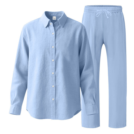 Damen nan komfortables Lounge-Set mit oversized Hemdbluse und elastischer Kordelzug-Hose Shop Nory