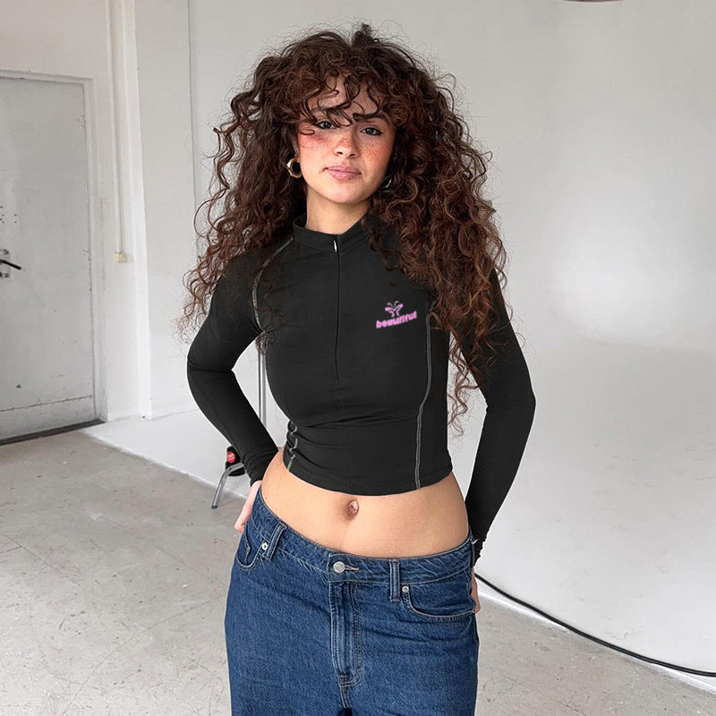 Damen Sportliches tailliertes Langarm-Performance-Shirt mit kurzem Frontreißverschluss Shop Nory