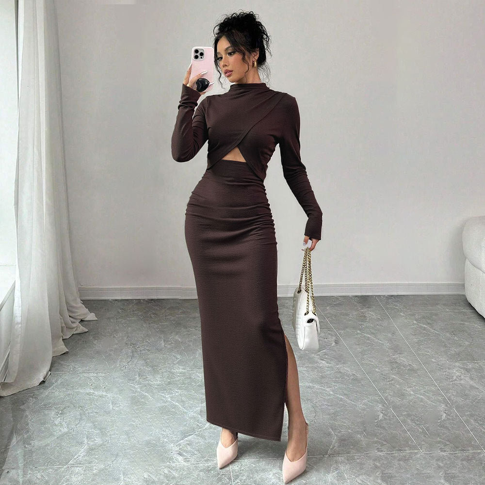 Damen geripptes Maxikleid mit gedrehtem Vorderteil Cut-Out taillierter Raffung und hohem Seitenschlitz Shop Nory