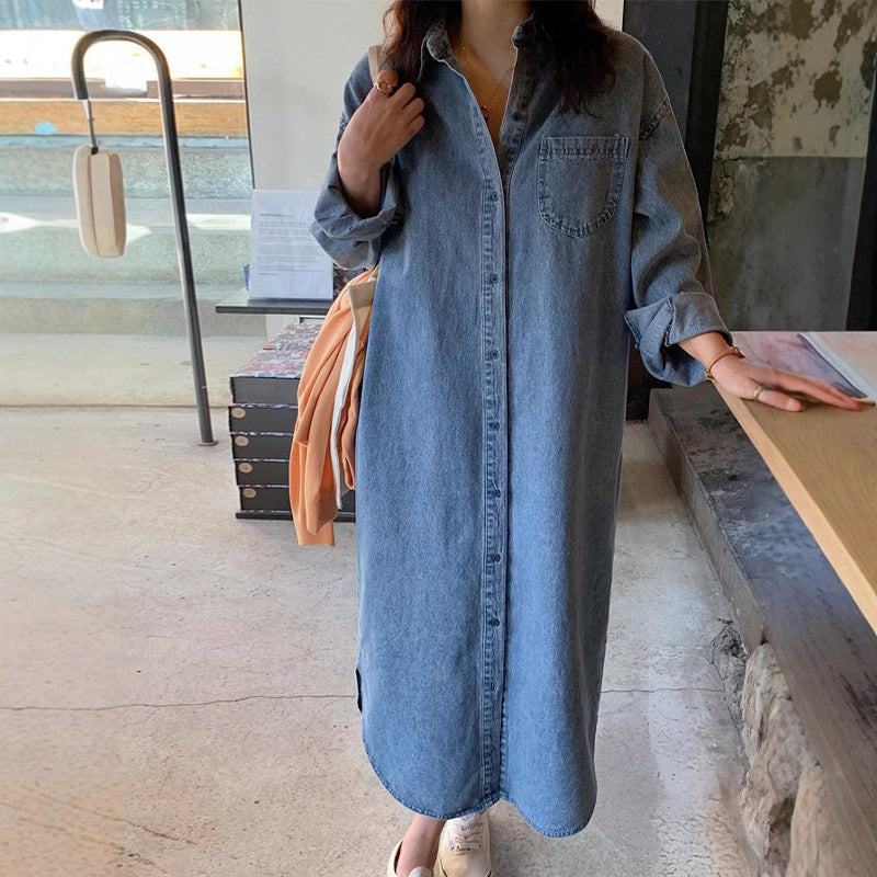 Damen Langes Oversize-Denim-Hemdblusenkleid im washed-Look mit Brusttasche und umgeschlagenen Ärmeln Shop Nory