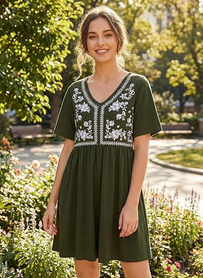 Damen Besticktes Empire-Kleid mit V-Ausschnitt, Kurzärmeln und ausgestelltem Rock Shop Nory