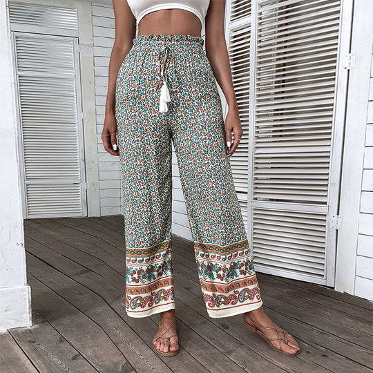 Damen Leichte Boho-Hose mit weitem Bein, elastischem Bund, Quasten-Kordel und Bordürendruck Shop Nory