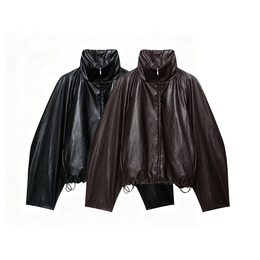 Damen Oversize Jacke im Lederlook mit hohem Funnelkragen, Raglanärmeln und Tunnelzugsaum Shop Nory