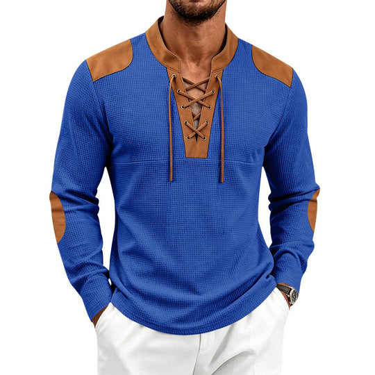 Herren Waffelstruktur-Henley mit Schnürkragen und Kunstleder-Patches Shop Nory