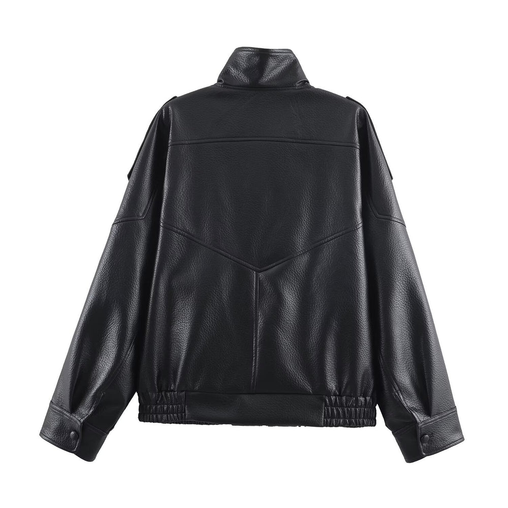 Damen Kunstlederjacke im modernen Design mit hochgeschlossenem Kragen und praktischen Taschen