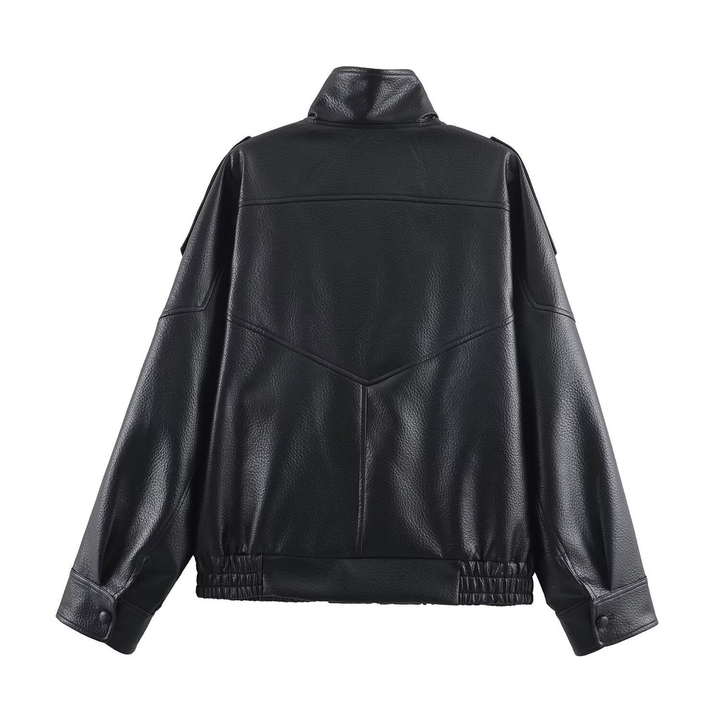 Damen Kunstlederjacke im modernen Design mit hochgeschlossenem Kragen und praktischen Taschen