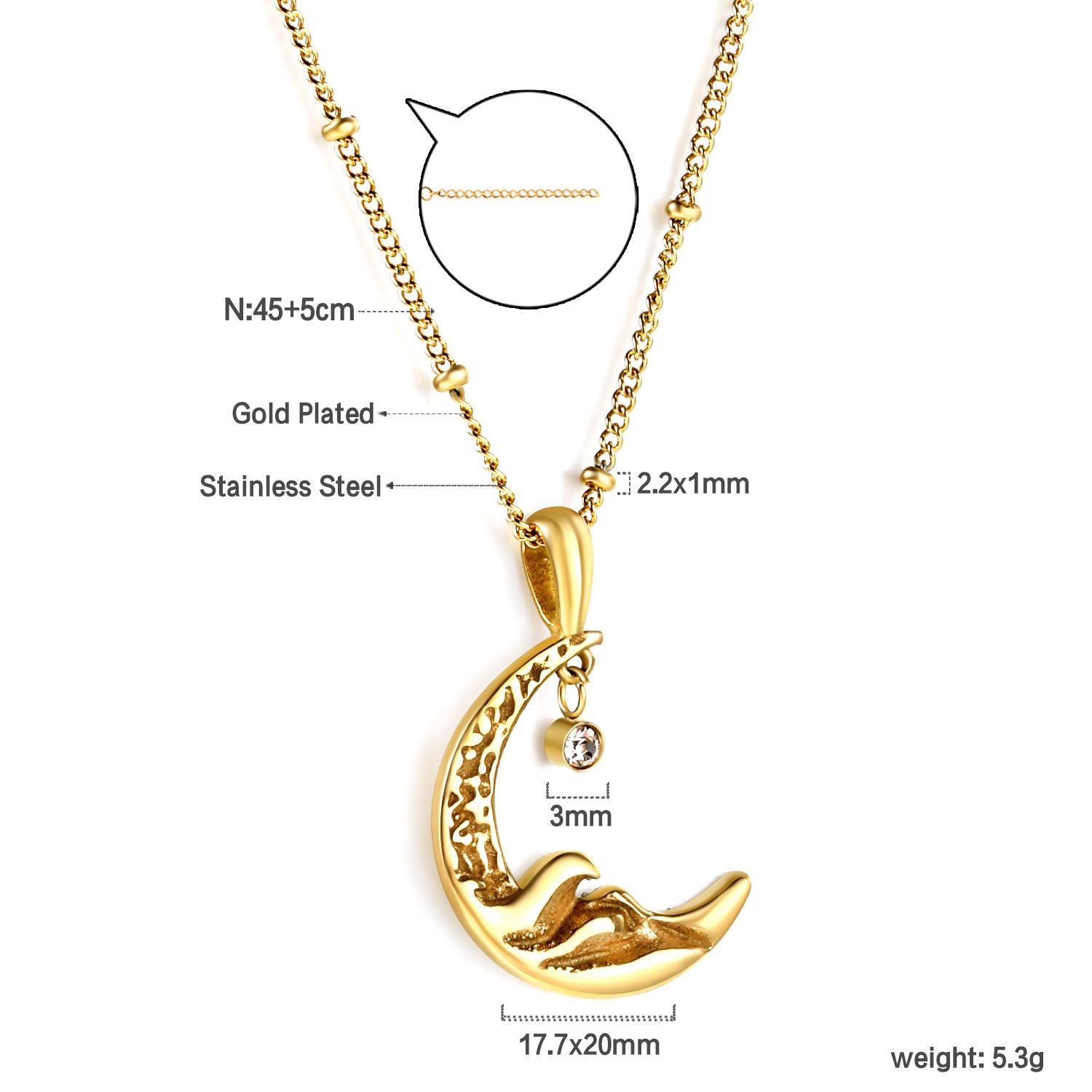 Damen Halskette mit mondförmigem Anhänger aus goldplattiertem Edelstahl und funkelndem Zirkonia Shop Nory