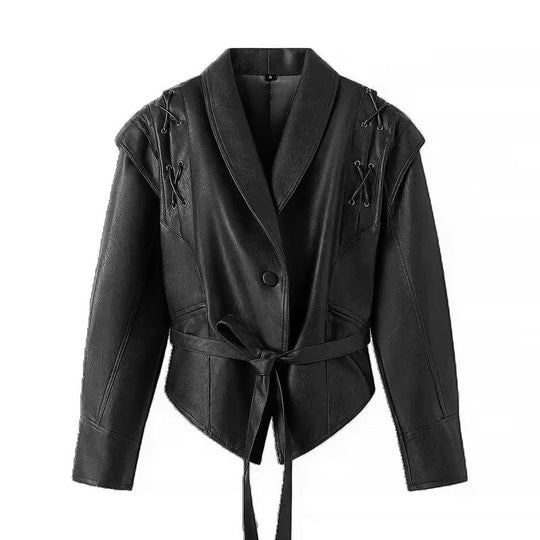 Damen Taillierter Kunstleder-Blazer mit Wickelgürtel und Schnürungen an den Schultern Shop Nory
