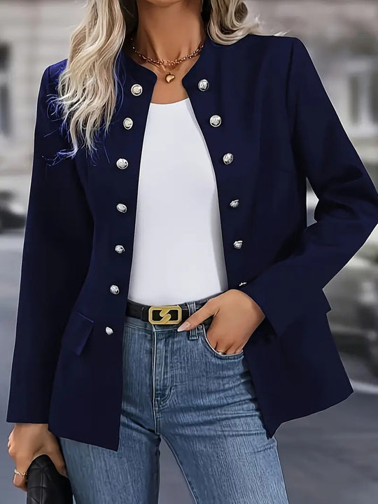 Damen nan taillierter Longblazer mit Stehkragen, dekorativer Metallknopfleiste und 3/4-Ärmeln Shop Nory