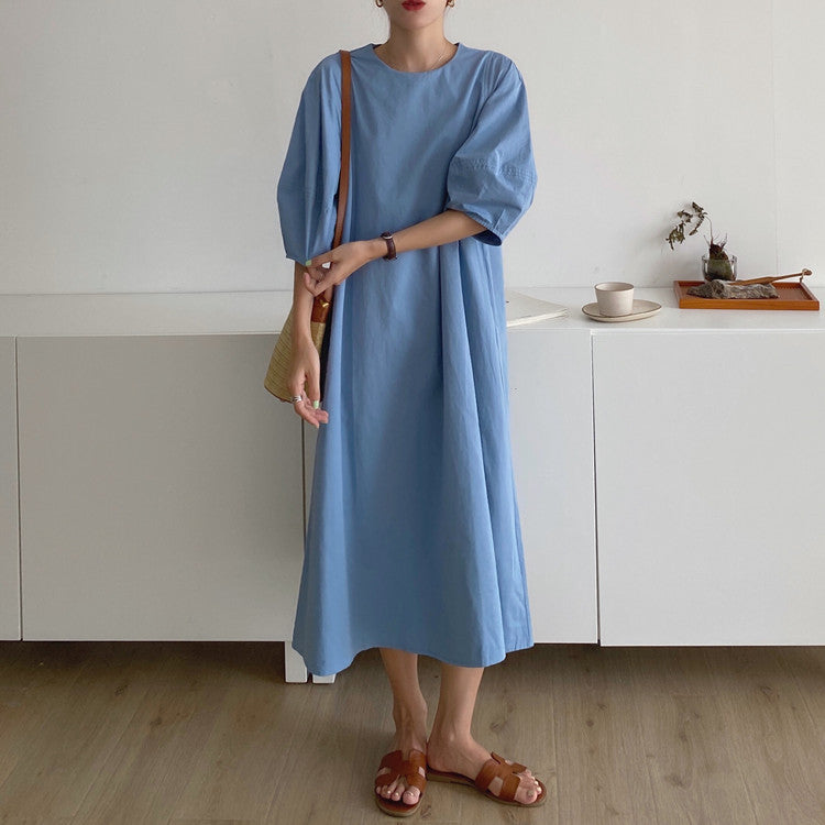 Damen Leichtes A-Linien Midikleid aus Baumwoll-Popeline mit ballonförmigen Ellenbogenärmeln Shop Nory