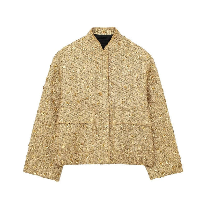 Damen verzierte Bouclé-Bomberjacke mit Pailletten und Strass Shop Nory