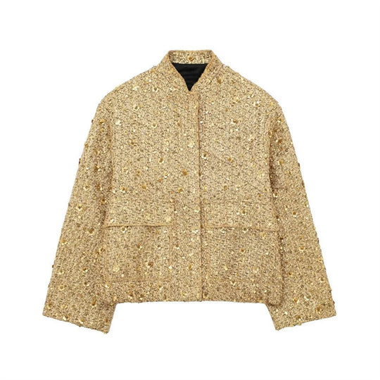 Damen verzierte Bouclé-Bomberjacke mit Pailletten und Strass Shop Nory