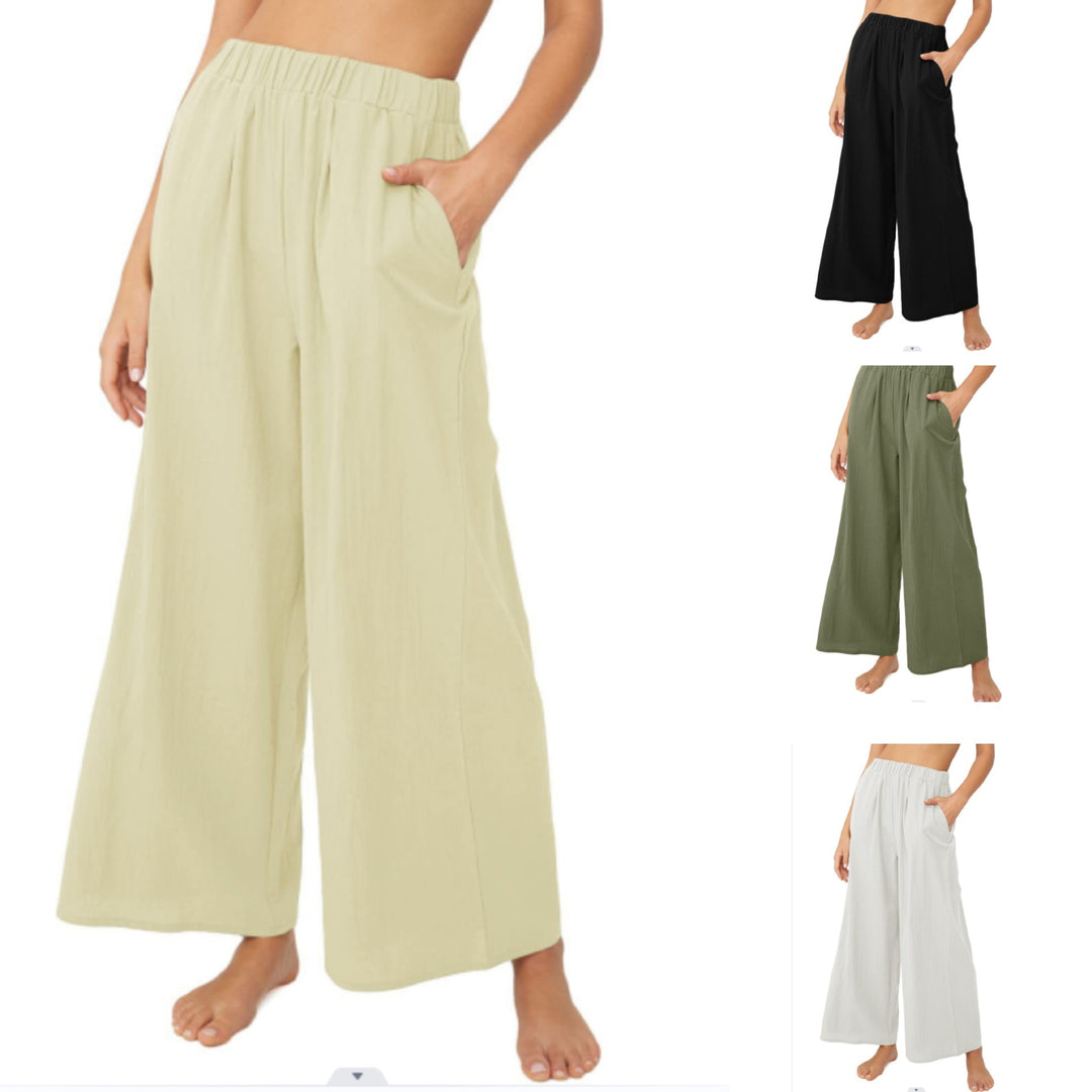 Damen Leichte Palazzo-Hose mit weitem Bein, elastischem Bund und Eingrifftaschen Shop Nory