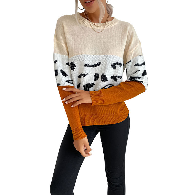 Damen Boxy-Strickpullover im Colorblock-Leopardmix mit Rundhals und gerippten Ärmeln Shop Nory