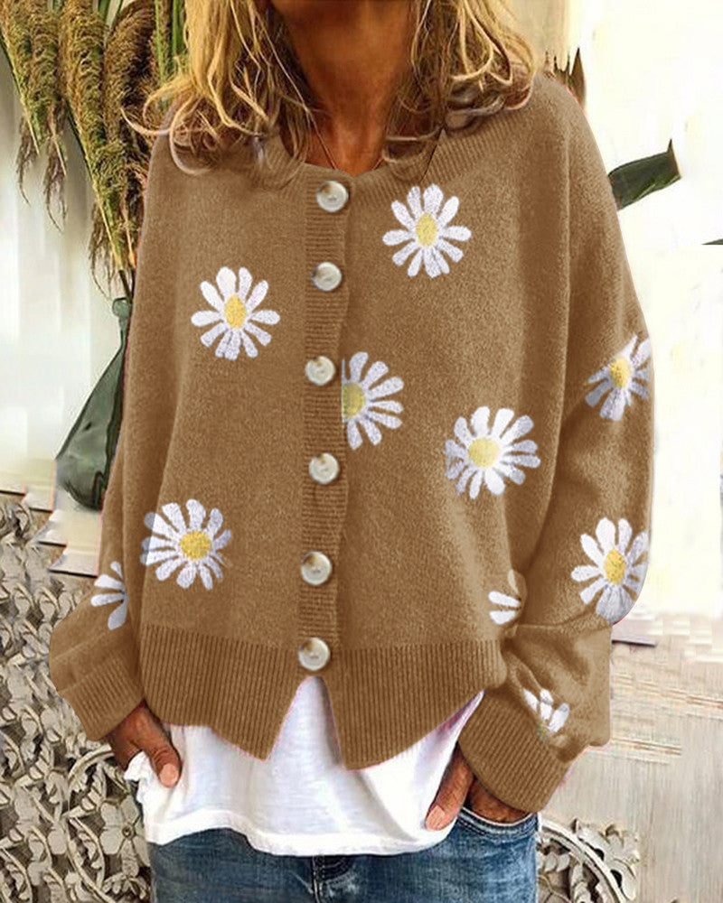 Damen gestreifte Strickjacke mit Blumenmuster