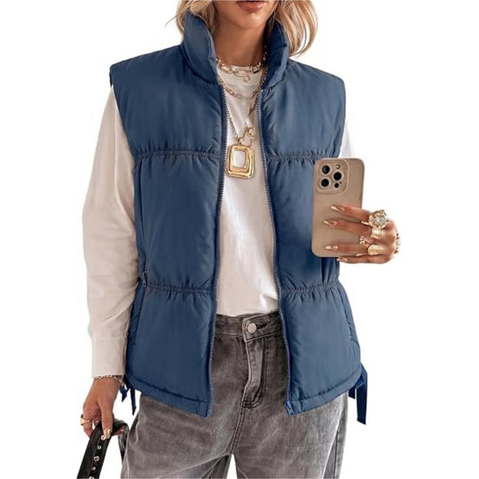 Damen Wattierte Ärmellose Weste mit Stehkragen und Kordelzug Shop Nory