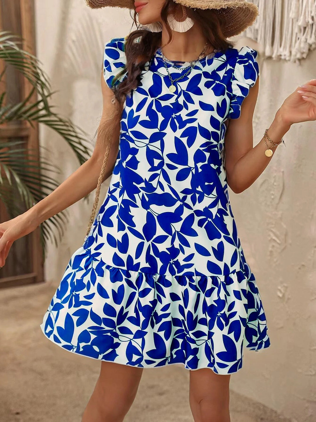 Damen Leichtes Stufen‑Kurzkleid mit Rüschenärmeln und botanischem Print Shop Nory